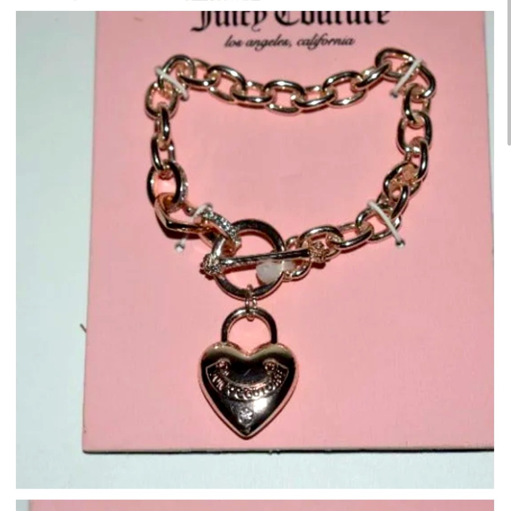 Juicy Couture Gold Tone Charm
Bracelet W/ Heart Shaped Charm & T Bar Clasp NWT